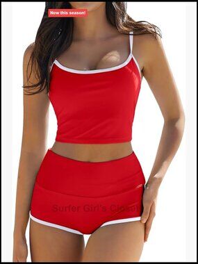 Two Piece Swimsuit Spaghetti Strap Crop Top High Waisted Boyshort Bikini Set